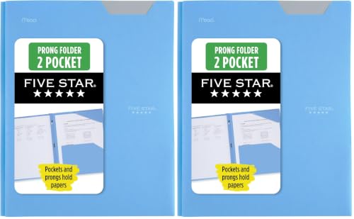 Five Star 2 Pocket Folder, Stay-Put Folder, Plastic Colored Folders with Pockets & Prong Fasteners, for Home, School Supplies & Home Office, 11” x 8-1/2”, Blue (72115) (Pack of 2) - color: Pacific Blue, size: 1 Count (Pack of 2)