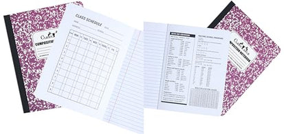 CLEENTABLE Composition Notebook 5 Pack, Wide Ruled Paper, Marble Cover Notebooks for School, 9.75 x 7.5 Inches, 100 Sheets (200 Pages), Sewn Binding Comp Books, Purple