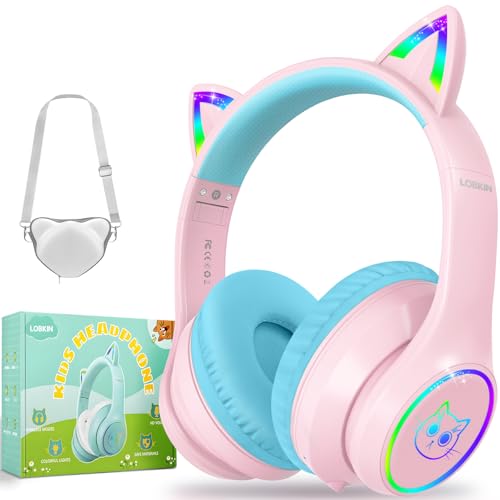 LOBKIN Kids Bluetooth Headphones,Over Ear Kids Headphones Wireless with Mic 50H Playtime Colorful LED Lights AUX Cord 94dB Safe Volume Limited Foldable Design for Boy Girl Travel/School/iPad