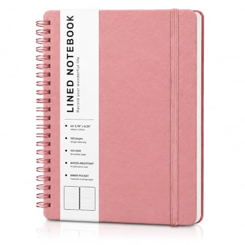 Lined Spiral Notebook for Women, A5 College Ruled Leather Spiral Journals | 160 Pages Small Journaling Notebooks, 5.7"x11" Note Book for Writing, Work, School, Men, Hardcover Leather Journal, Light Red - color: Light Red, size: A5