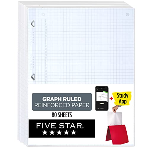 Five Star Loose Leaf Paper + Study App, 3 Pack, Notebook Paper, Graph Paper, Reinforced Filler Paper, Fights Ink Bleed, 8.5 x 11, 80 Sheets per Pack (170027) - size: 3 Pack, style: 80 Sheets