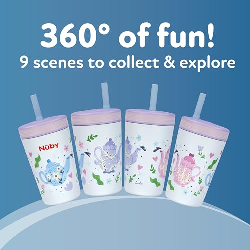 Nuby Thirsty Kids Insulated Toddler Cup with Silicone Flexstraw - 12 oz - Stainless Steel and Leak-Resistant - 18+ Months - Tea Pots - color: Tea Pots