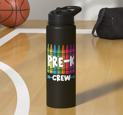 Pre-K Crew Cute Preschool Crayon School Field Day Trip 2025 Stainless Steel Insulated Water Bottle - color: Black