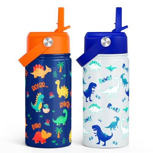SANDJEST Dinosaur Kids Water Bottle with Straw Lid, Pack of 2 Insulated 12 Oz Stainless Steel Water Bottles for Boys, Travel Cup for School Sports - color: Dinosaur (Pack 2)