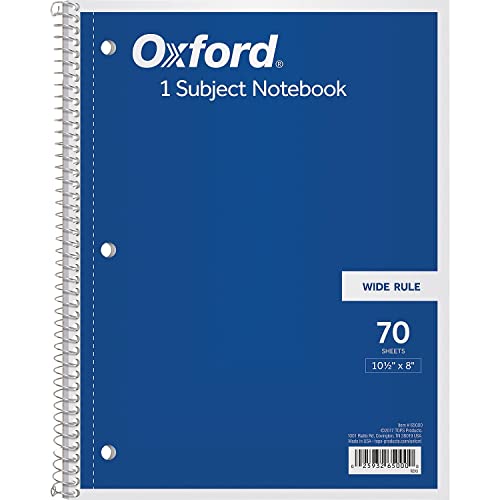 Oxford 1-Subject Spiral Notebook, Wide Rule, 8 x 10.5 Inch, Bright White Paper, 70 Sheets per Book, Cover Color May Vary, One Notebook (65000) - style: 70 Sheets (Wide Rule)