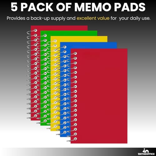 1InTheOffice Wirebound Spiral Memo Books, Memo Pads, 3" x 5", College Ruled, Small Notepad, Assorted, 75 Sheets/Pad, (5 Pack)