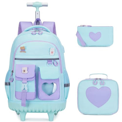 ACESAK Rolling Backpack for Girls - Roller Wheels School Bookbag with Lunch Bag & Pencil Pouch for Teen Girls Kids Wheeled Suitcase Backpacks, Elementary Middle School Travel Daypack (Blue Purple) - color: Blue-purple