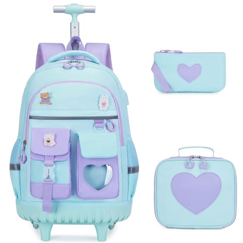 ACESAK Rolling Backpack for Girls - Roller Wheels School Bookbag with Lunch Bag & Pencil Pouch for Teen Girls Kids Wheeled Suitcase Backpacks, Elementary Middle School Travel Daypack (Blue Purple) - color: Blue-purple