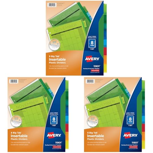 Avery Dividers for 3 Ring Binders, 8-Tab Plastic Binder Dividers Insertable Big Tabs, Multicolor, 1 Set (11901), (Pack of 3) - size: 8 Tab (Pack of 3)