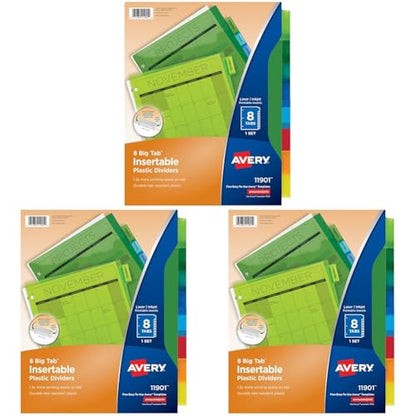 Avery Dividers for 3 Ring Binders, 8-Tab Plastic Binder Dividers Insertable Big Tabs, Multicolor, 1 Set (11901), (Pack of 3) - size: 8 Tab (Pack of 3)