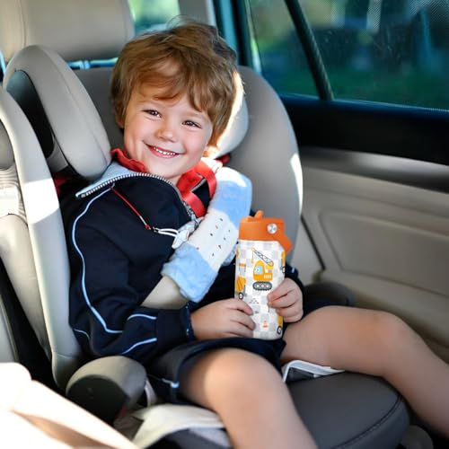 Kid Water Bottle 12oz with Straw Lid - 2-Pack Insulated Stainless Steel Water Bottles for Kids Boys- Travel Cup for Back to School Sports Christmas Birthday (Construction & School Bus) - color: Construction + School Bus