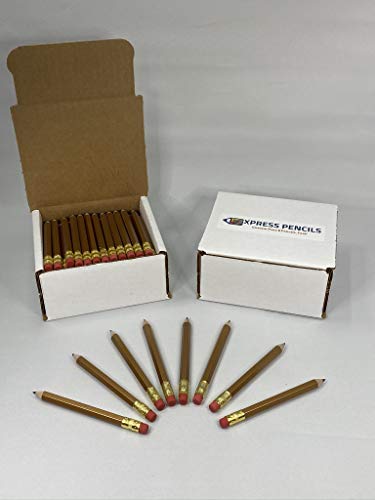 Half Pencils with Eraser - Golf, Pew, Parties, Events, Short, Mini, Non Toxic, Hexagon, Sharpened, #2 Pencil, Color: Gold, Box of 72, (1/2 gross) Golf Pocket Pencils™