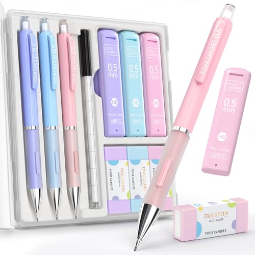 Four Candies Cute Pastel Mechanical Pencil Set, 0.5mm, 3 Pack | 360 Lead Refills, 3 Erasers, 9 Eraser Refills, Storage Case, Non-Slip Grip, Fine Lines for Notes, Tests & Drawing - style: 0.5mm