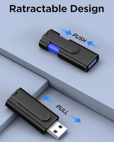 USB Flash Drive 64GB 1-Pack TEWENE exFAT USB 3.0 Thumb Drive & USBC Adapter | Clip Retractable Zip Drive USB Memory Stick Jump Drives USB Flash Drive 64GB for Data Backup (Black)