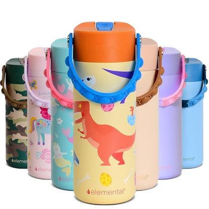 Elemental Insulated Kids Water Bottle, Stainless Steel Water Bottle with Straw Lid & Pop-It Handle, Leak-Proof Water Bottles for School, Boys or Girls, Travelling and Sports, 18oz - Dino Rage - color: Dino Rage