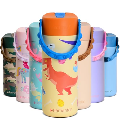 Elemental Insulated Kids Water Bottle, Stainless Steel Water Bottle with Straw Lid & Pop-It Handle, Leak-Proof Water Bottles for School, Boys or Girls, Travelling and Sports, 18oz - Dino Rage - color: Dino Rage