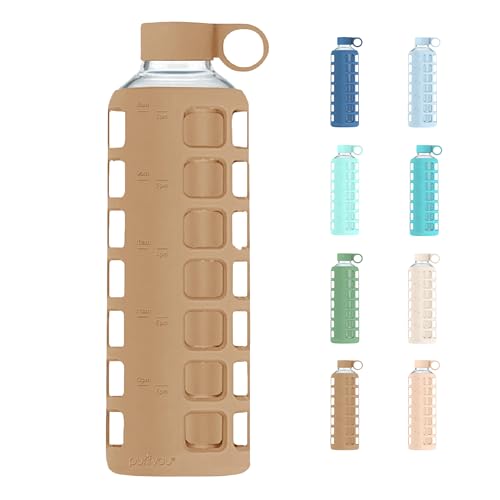 purifyou 40oz / 32oz / 22oz / 12oz Borosilicate Glass Water Bottle with Time & Volume Markers, Silicone Sleeve, Stainless Steel Lid | Reusable Glass Bottle for Water & Juice (40oz Iced Coffee) - color: Iced Coffee, size: 40 Ounces