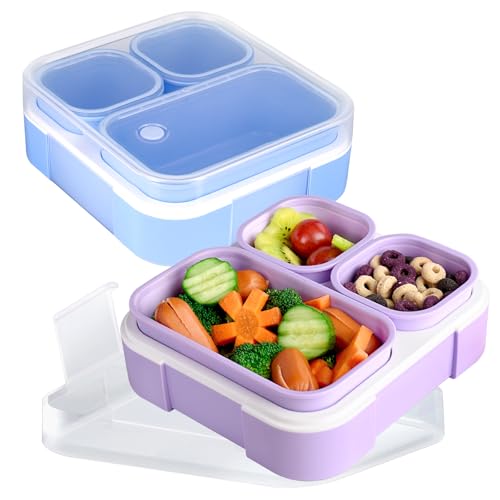 Genteen Small Kids Snack Containers for School 3 Compartment Travel Snack Containers with Dividers Portion Control Lunch box for Kids with Leak-proof Lids BPA Free (Purple + Blue) - color: 2P-Purple + Blue