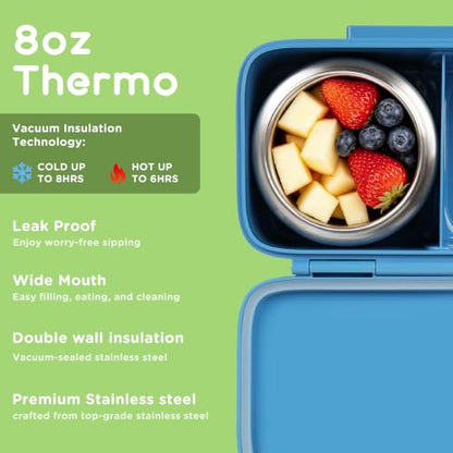 Bento Lunch Box for Kids With 8oz Food Thermo,BPA-Free for School | Lunch Container with 2 Compartments, Insulated Food Jar, Dishwasher Safe, Easy to Clean, Lunch Box for Girls Boys - color: Blue Dinosaur1