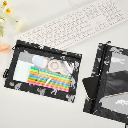 Binder Pouches 3 Ring for Boys Girls Hockey Black Zipper Pencil Pouches Case Bag with Clear Window School College Office Supplies 2 Pack - color: Hockey