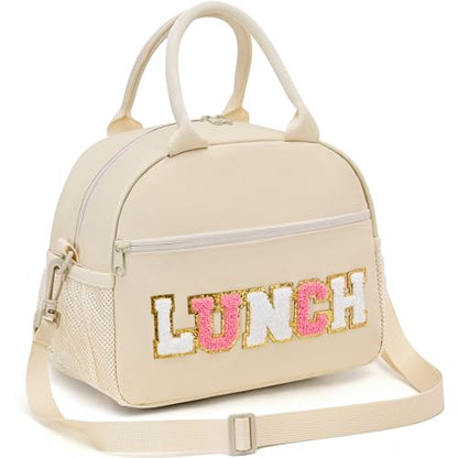 Lunch Bag for Girls and Women, Cute Preppy Lunch Bag with Chenille Letters, Insulated Large Capacity Lunch Tote with Detachable Strap for School, Work & Picnic, Beige - color: Beige