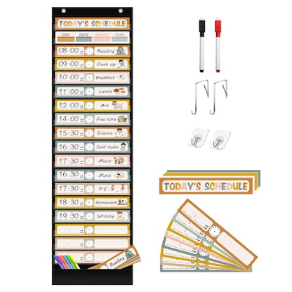 REGELETO Boho 18+1 Pockets Daily Schedule Pocket Chart, 30 pcs Double-Sided Reusable Cards, Scheduling Pocket Chart for Classroom Office Home School Activity(Black) - color: Boho-18 Pockets