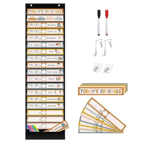 REGELETO Boho 18+1 Pockets Daily Schedule Pocket Chart, 30 pcs Double-Sided Reusable Cards, Scheduling Pocket Chart for Classroom Office Home School Activity(Black) - color: Boho-18 Pockets