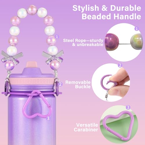 Mininoo Kids Water Bottle for School - 16 oz Stainless Steel Insulated Water Bottle with Ceramic-Lined, Leakproof Straw Lid & Beaded Handle for Girls & Boys - color: Sparkle Lavender