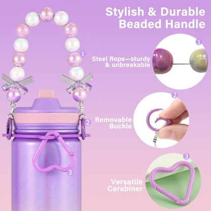 Mininoo Kids Water Bottle for School - 16 oz Stainless Steel Insulated Water Bottle with Ceramic-Lined, Leakproof Straw Lid & Beaded Handle for Girls & Boys - color: Sparkle Lavender