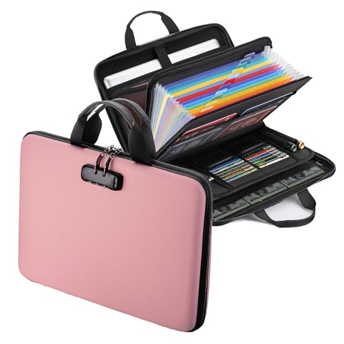 Fireproof Document Box with Lock, Hard-Shell Case Fireproof File Organizer with 13 Pocket Accordion File Folder, Portable Home Office Travel Safe Storage for Important Documents Laptop - color: Pink