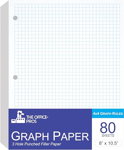 The Office-Pros Graph Paper, Loose Leaf Paper, 3 Holed Punches Paper, Ring Binder Paper - 8.5" x 11" - Graph Paper - 80 Sheets