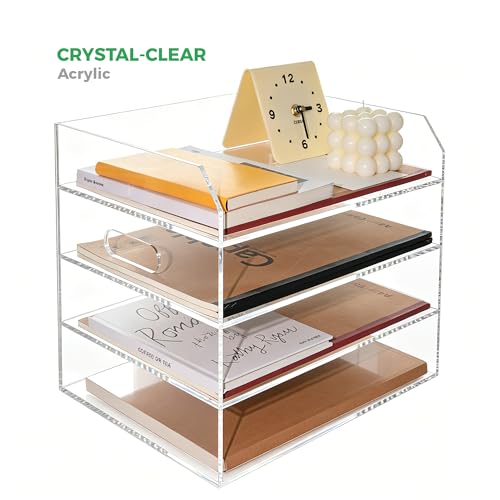 Paper Tray Organizer for Desk, 4 Tier Acrylic Desk Organizers and Accessories, One-Piece Integrated A4 Paper Organizer with Handles, Crystal-Clear Letter Tray & Office File Holder, Books Notes - size: 4-Tier-Horizontal