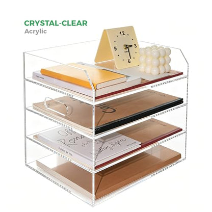 Paper Tray Organizer for Desk, 4 Tier Acrylic Desk Organizers and Accessories, One-Piece Integrated A4 Paper Organizer with Handles, Crystal-Clear Letter Tray & Office File Holder, Books Notes - size: 4-Tier-Horizontal