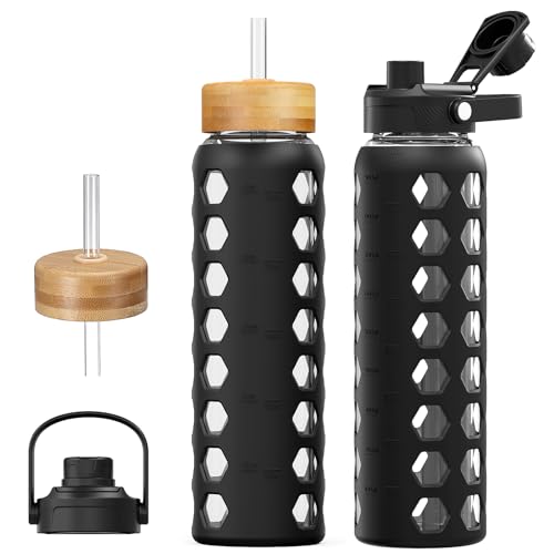 MUKOKO Glass Water Bottle, 32oz, Black | Glass Tumbler with Straw, Drinking Bottles with 2 Lids-Handle Spout Lid & Bamboo Straw Lid, Silicone Sleeve, 1 Pack - color: Black, size: 32 Ounces