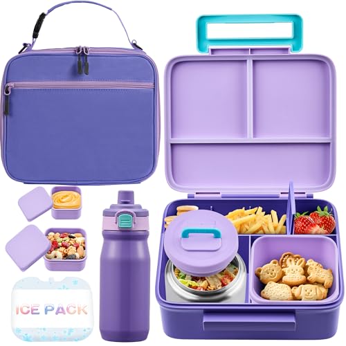 Bento Lunch Box for Kids with Thermo, Leakproof Bento Box with 8oz Insulated Food Jar, Insulated Bottle, Lunch Bag, BPA Free Dishwasher Safe 4 Compartment Container for School Girls Boys (Purple) - color: Purple