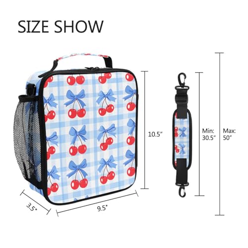 ALAZA Cherry Blue Bow Lunch Box Insulated Lunch Bag Kids Cooler Tote Bag Freezable Shoulder Strap Lunchbox for Girls School Picnic - color: Multi50