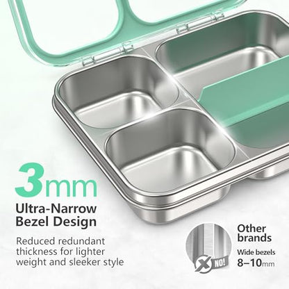 Stainless Steel Bento Lunch Box, 34oz/1000ml Leak Proof Metal Container, Lightweight 3mm Ultra-Narrow Bezel with Tritan Lid for Kids & Adults, 3-Compartment, BPA/BPS Free, Dishwasher Safe, Green - color: Green, size: 34oz/1000ml