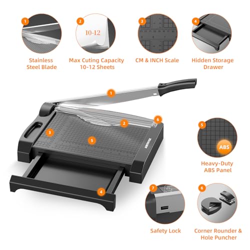 ALRITOTEK 3 in 1 Heavy Duty Paper Cutter,12 inch Guillotine Paper Trimmer, Paper Cutting Board for Office and Crafts, 12 Sheets Capacity (Black)