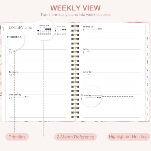 2026 Planner, Weekly and Monthly Calendar Planner Agenda, Jan 2026 - Dec 2026, Planning Academic Book, Office Desk Accessories and School Supplies - A5 (6.3'' x 8.5'') - color: C-Blush Blooms