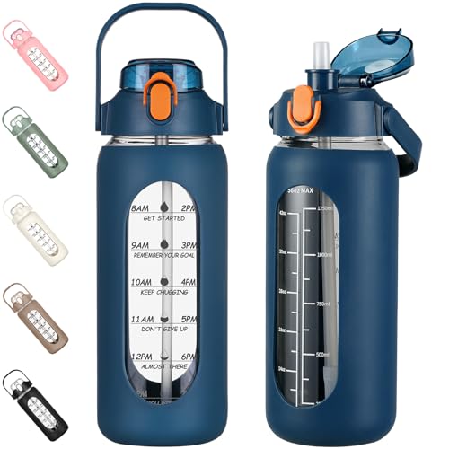 56oz Glass Water Bottles with Straw, Motivational Glass Bottle with Silicone Sleeve and Time Marker, Leakproof Large Glass Water Jug for Gym Home Office,Blue - color: Blue, size: 56 Ounces