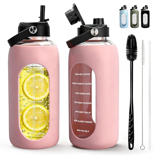 Aqulea 64oz oz Glass Water Bottle with 2 Lids – Spout & Straw Lids, Borosilicate Glass Water Bottle with Time Marker & Silicone Sleeve, Leakproof - color: Pink, size: 64 Ounces