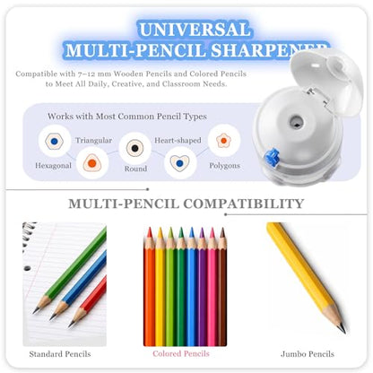 Rechargeable Electric Pencil Sharpener, Automatic Auto in & Out, Adjustable Sharpness for Kids, Students, Teachers & Artists, Built-in 2000mAh Battery, Fits 7–12mm Standard, Colored & Jumbo Pencils