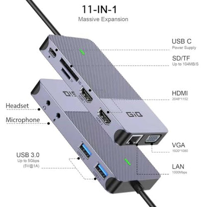 USB Docking Station GIQ USB C HUB USB 3.0 to Dual HDMI VGA Adapter Triple Display USB C Laptop Docking Station Dual Monitor HDMI Splitter Extender Compatible with MacBook M1 M2 M3 M4 M5 USB Dock - color: Gray