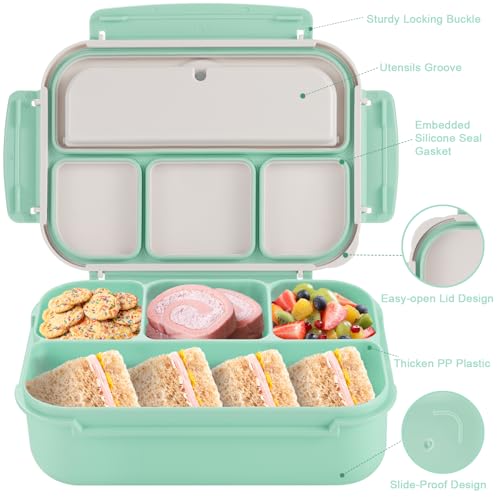 shell and turtle Bento Box Adult Lunch Box, Lunch Containers for Kids Girls Boys with 4 Compartments, Lunchable Food Container with Utensils, Sauce Jar, Muffin Liners, 40 Oz/5 Cup, Seafoam Green - color: Seafoam Green