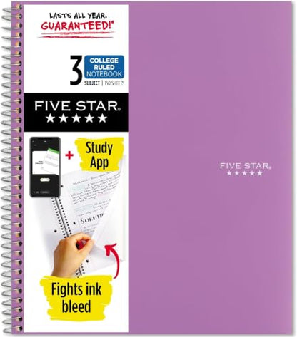 Five Star Spiral Notebook + Study App, 3 Subject, College Ruled Paper, 8-1/2" x 11", 150 Sheets, Fights Ink Bleed, Water Resistant Cover, Amethyst Purple (38746) (Pack of 6) - color: Amethyst Purple, size: 1 Count (Pack of 6)
