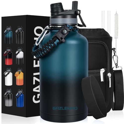 GAZLEMHO Insulated Water Bottle 64 oz, Half Gallon Water Jug Cold 48H, BPA Free Stainless Steel Bottles with Straw/Chug 2-in-1 Lid, Bag, Paracord Handle, Silicone Boot, Sports Gym School Metal Flask - color: Indigo Black, size: 64 Ounces