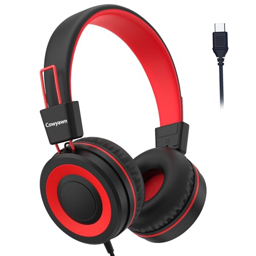 Cowyawn USB Type C Kids Headphones for School, Wired Toddler Headphones, 94dB Volume Limited, HD Stereo Sound, Foldable Lightweight On-Ear Wired Headphones for Kids/Children/Teens/Boys (Red Black) - color: Red Black