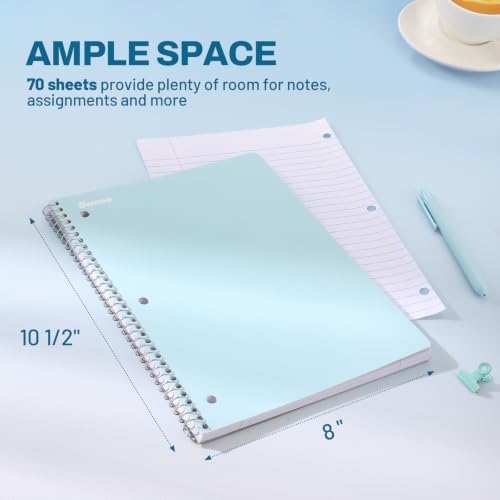 SUNEE Spiral Notebooks, 3 Pack, 1-Subject, College Ruled Paper, 8" x 10-1/2", 70 Sheets per Notebook, Blue - color: Blue