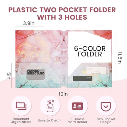 Ddaowanx 12 pcs Folders with Pockets, 3 Hole Punched Heavy Duty Binders Folders for 3 Ring Binder,Cute Marble Colors Pocket Folders for School Office (12)