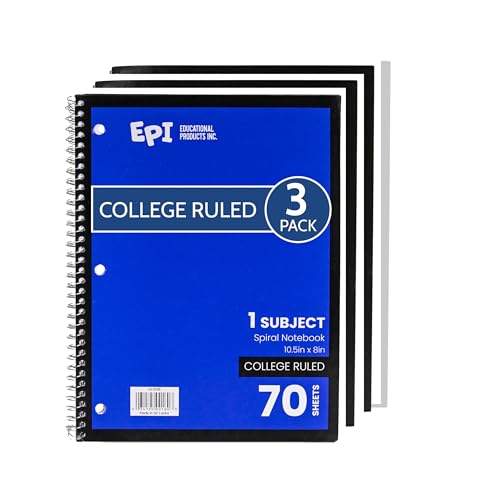 EPI Spiral Notebook | 1 Subject - College Ruled - 70 Sheets, Durable Spiral Binding | 10.5 x 8 in | Classroom Supplies | School, Office, Note Taking, Journaling - 3 Pack - size: Pack of 3, style: 1 Subject - College Ruled